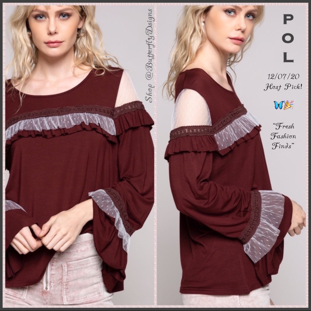POL Victorian Edge Mesh Bell Sleeve Top - Picture 2 of 8